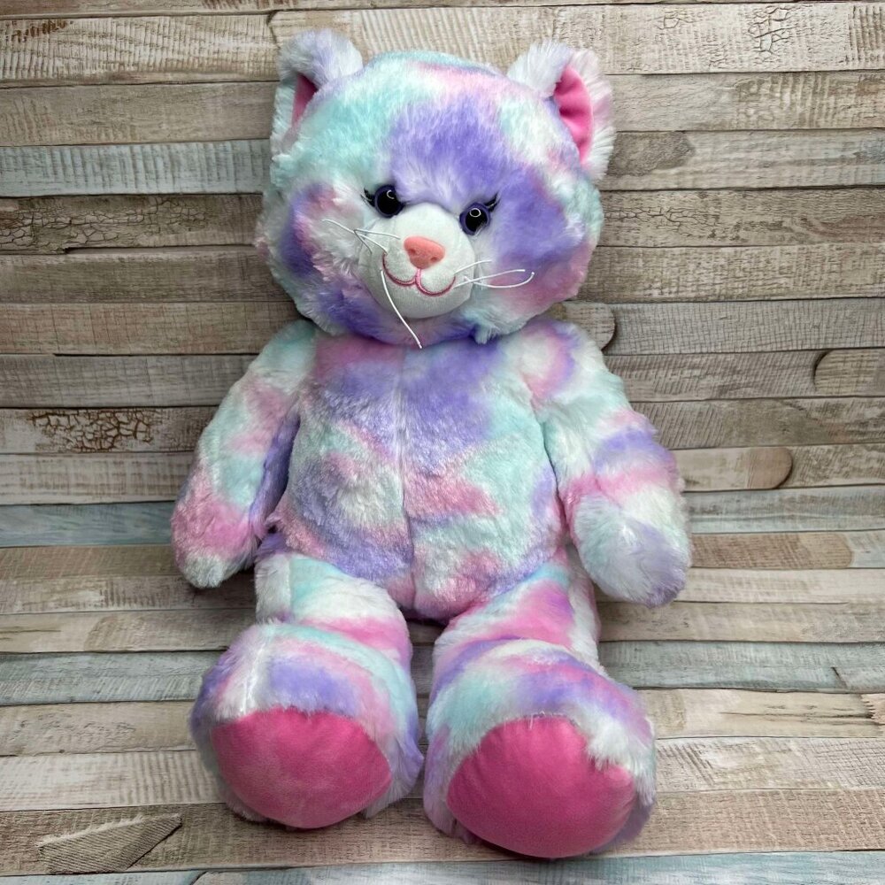 Build A Bear Tie Dye Pastel Purple Pink Blue  Cat 16" Stuffed Animal Plush